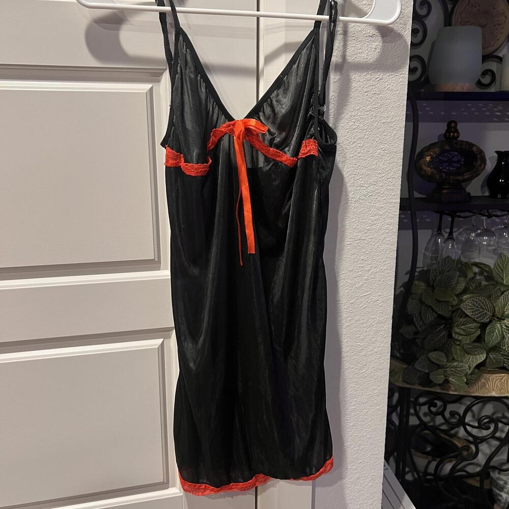 Black Satin Women's Chemise with Red Lace Trim